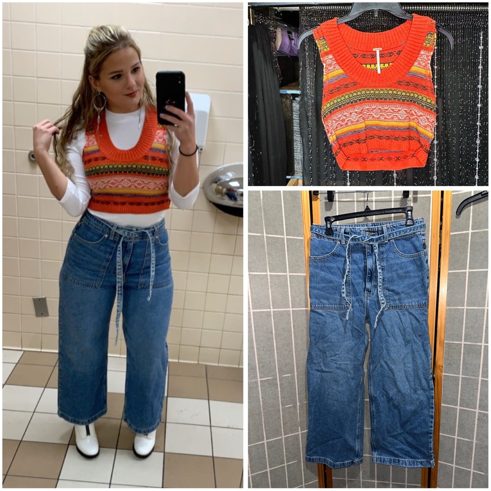 Free People Orange Knit Sweater Top and Retro Blue Wide-Leg Cropped Jeans